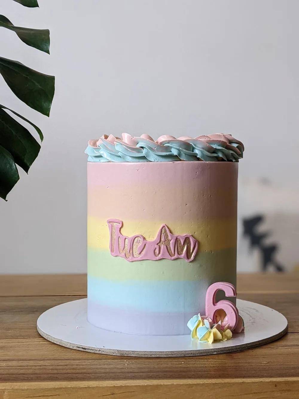 pastel rainbow ombre cake with a piped rope border
